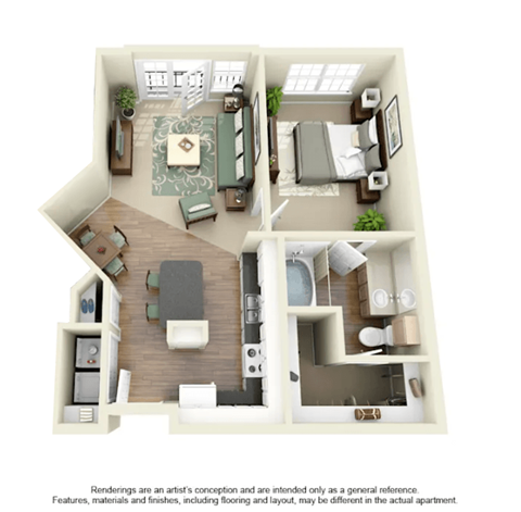 Floor plan for 1 bed, 1 bath, 620 sqft